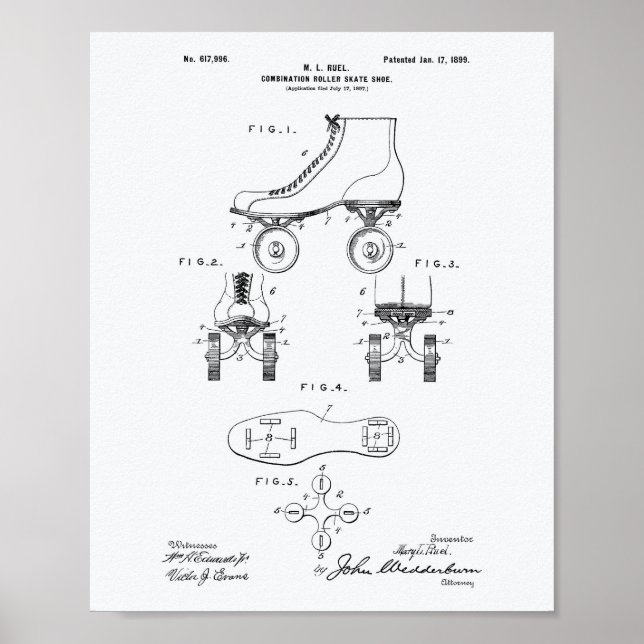 Roller Skate Shoe 1899 Patent Art White Paper Poster (Front)