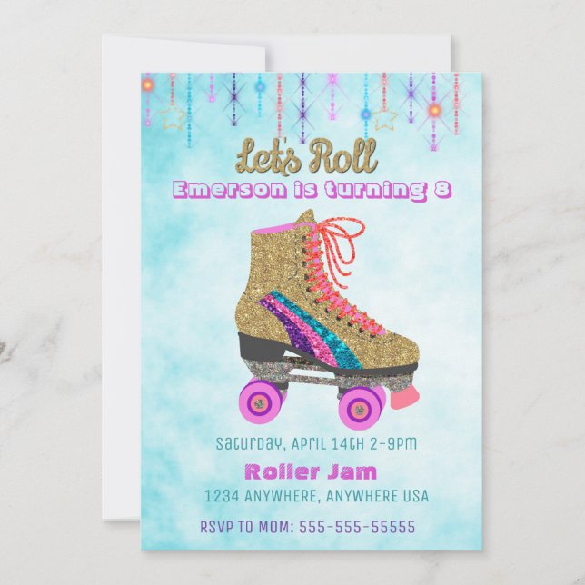 Roller skate, skating Party,  Roller Disco glitter Invitation (Front)
