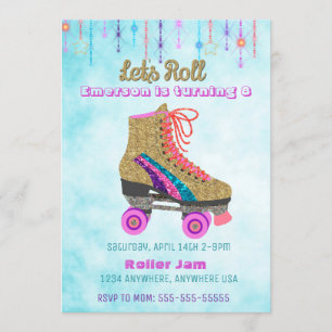 Roller skate, skating Party, Roller Disco glitter Invitation