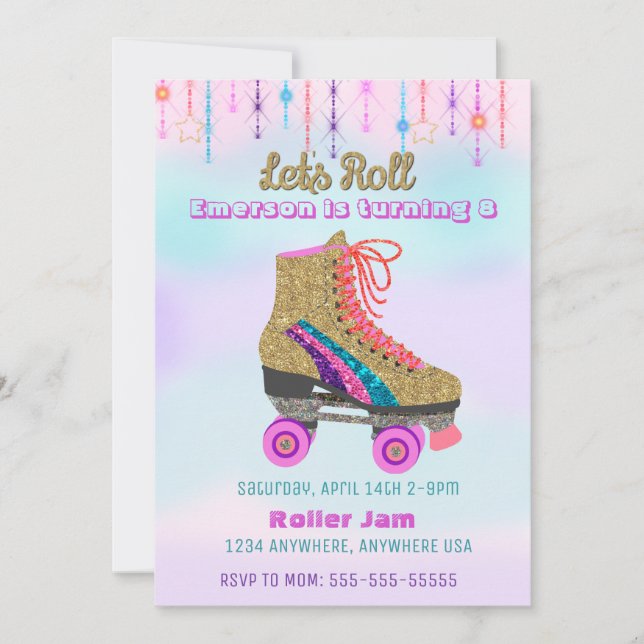 Roller skate, skating Party,  Roller Disco glitter Invitation (Front)