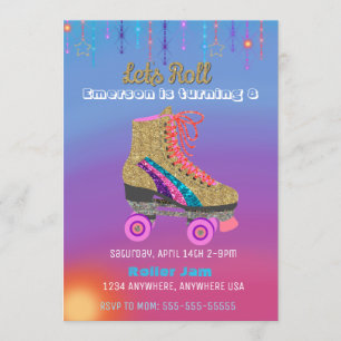 Roller skate, skating Party, Roller Disco glitter Invitation
