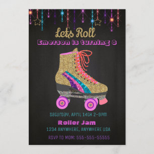 Roller skate, skating Party, Roller Disco glitter Invitation
