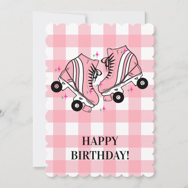 Roller Skate Skating Pink Gingham Birthday Holiday Card (Front)