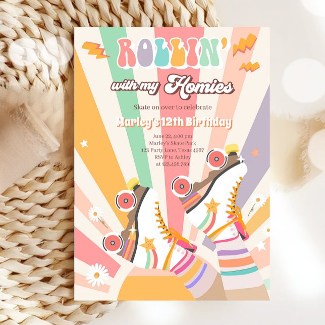 Roller Skate Skating Retro Groovy Birthday Party Invitation (Creator Uploaded)