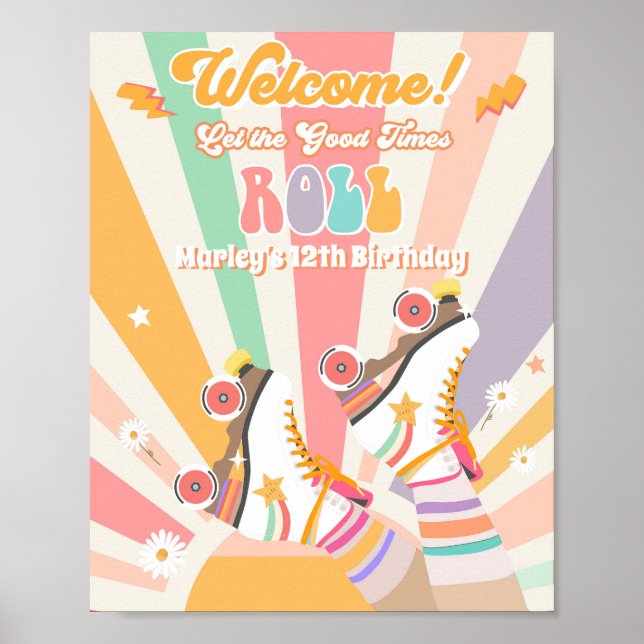 Roller Skate Skating Retro Groovy Birthday Welcome Poster (Front)