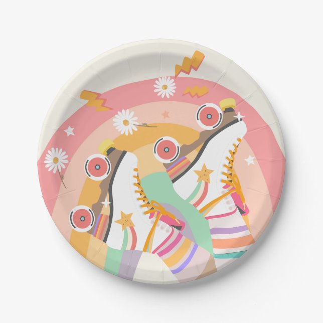 Roller Skate Skating Retro Groovy Girl Birthday Pa Paper Plate (Front)
