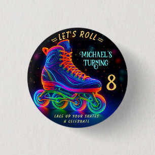 Roller Skate, Turning 8 Balloon 1 Inch Round Button
