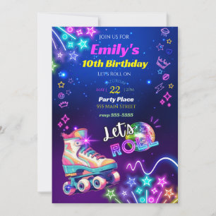 Roller skates birthday invitation neon retro