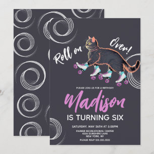 Roller Skates Black Kitten Rainbow Birthday Party Invitation