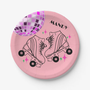 Roller Skates Derby Skating Pink Disco Birthday Paper Plate