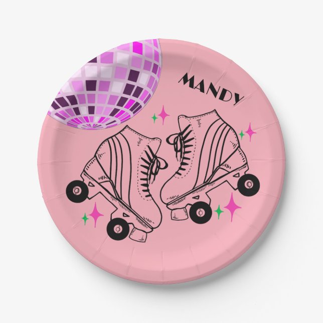Roller Skates Derby Skating Pink Disco Birthday Paper Plate (Front)