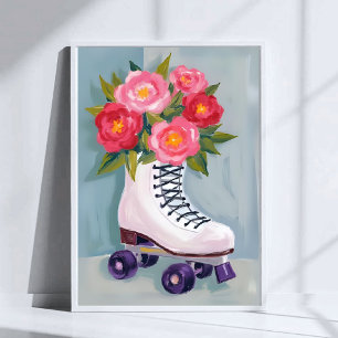Roller Skates Rose Bouquet Painting Watercolor Poster