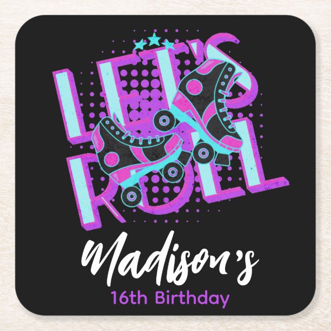 Roller Skates Sweet 16 Theme Birthday Party Square Paper Coaster (Front)