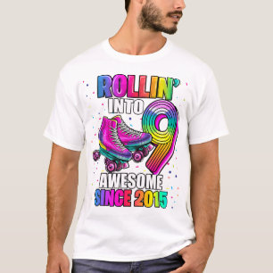 Roller Skating 9Th Birthday Girls Rollin Into 9 Aw T-Shirt