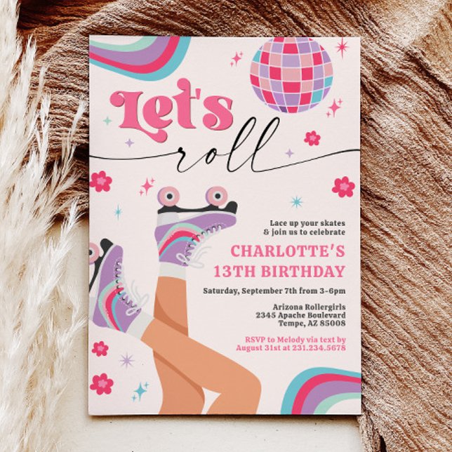 Roller Skating Birthday Invitation Groovy Rainbow  (Roller Skating Birthday Invitation Retro Groovy Rainbow)