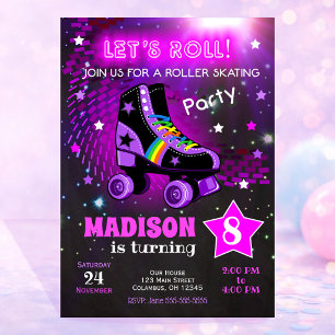 Roller Skating Birthday Party Invitation / Neon