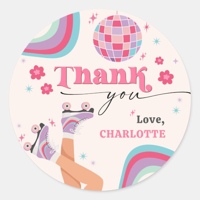Roller Skating Birthday Retro Rainbow  Classic Round Sticker (Front)
