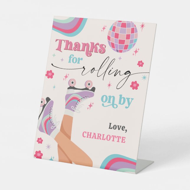 Roller Skating Birthday Retro Rainbow  Pedestal Sign (Front)