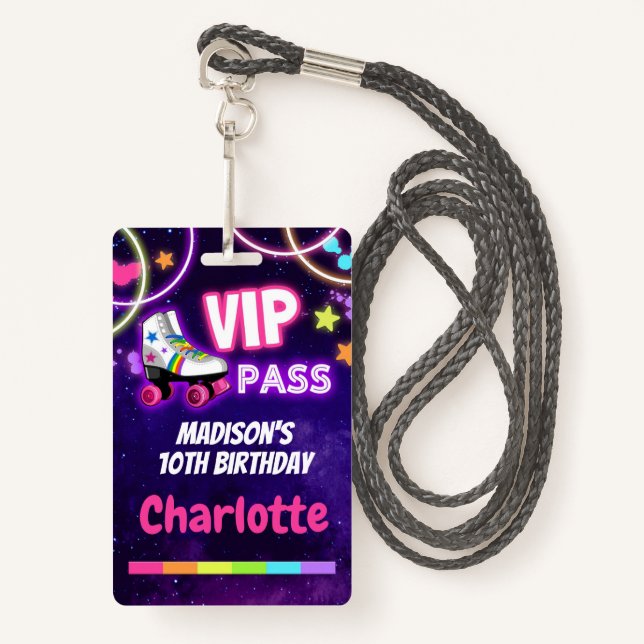 Roller Skating Birthday VIP Pass Lanyard Badge (Front with Lanyard)