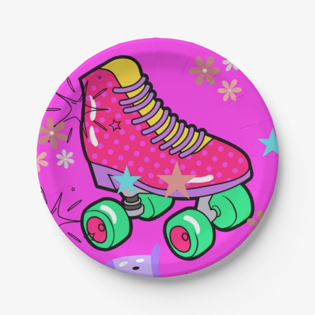 Roller Skating Girls Rainbow Neon Birthday Party Paper Plate (Front)