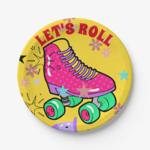 Roller Skating Girls Rainbow Neon Birthday Party Paper Plate