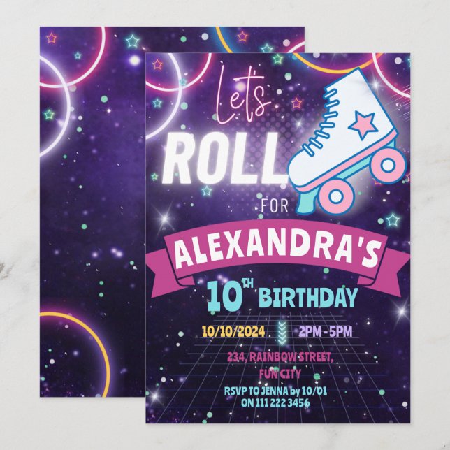 Roller Skating Neon Birthday Girl Glow  Invitation (Front/Back)