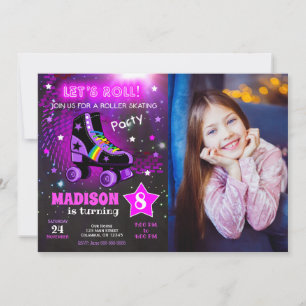 Roller Skating Neon Birthday Party Photo Invitation