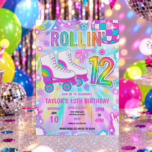 Roller Skating Neon Glow 12th Birthday Party Invitation