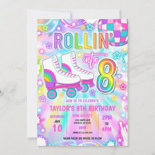 Roller Skating Neon Glow 8th Birthday Party Invitation