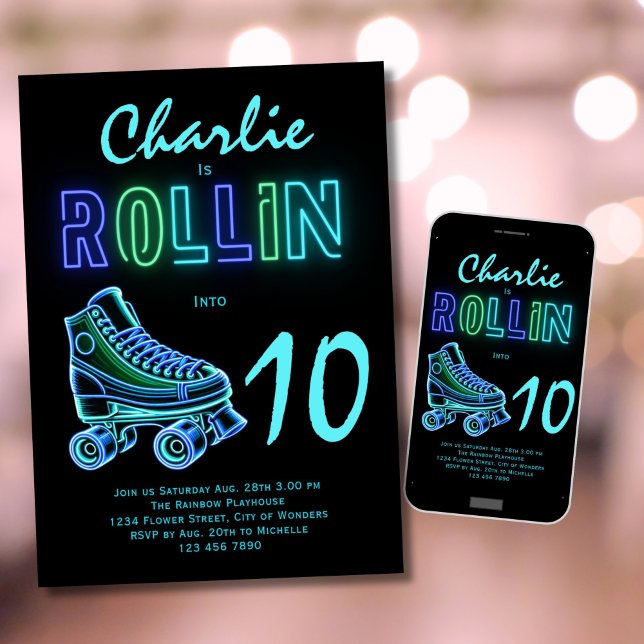 Roller Skating Party Boys Neon Glow Birthday Invitation (Creator Uploaded)