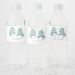 Roller Skating Pastel Personalized Girl Birthday Water Bottle Label