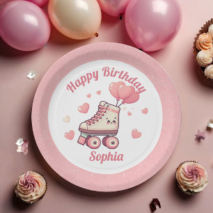 Roller Skating Pink Glitter Girl's Birthday Party Paper Plate