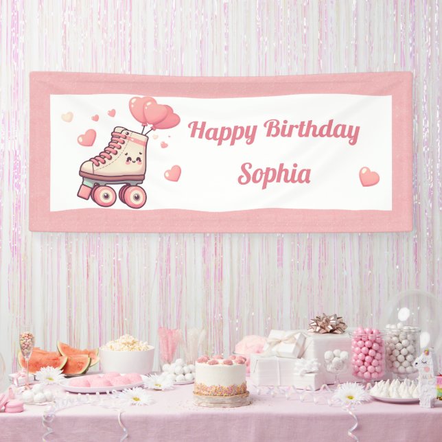 Roller Skating Pink Heart Girl's Birthday Party Banner (Party)