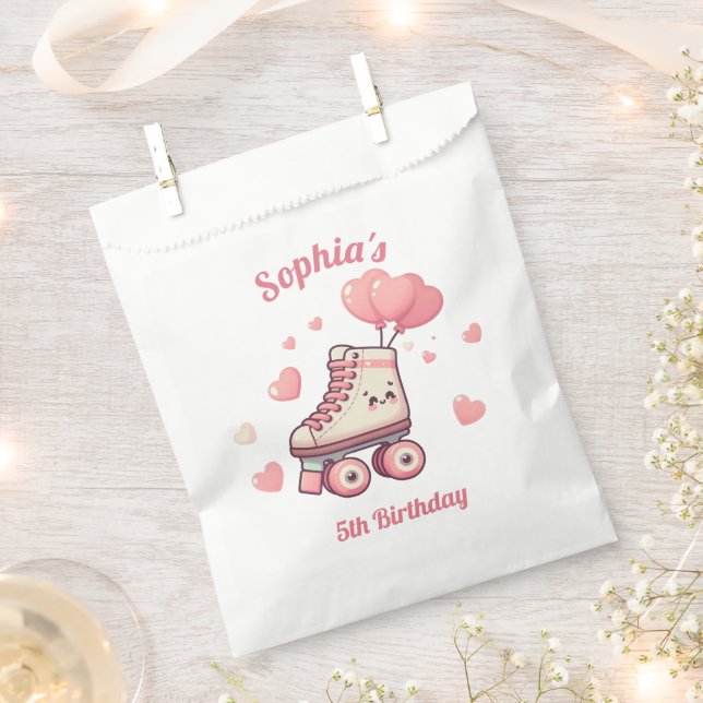 Roller Skating Pink Hearts Girl's Birthday Favour Bag (Clipped)