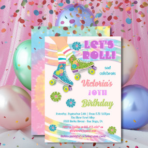 Roller Skating Retro Glitter Hippie Birthday Invitation