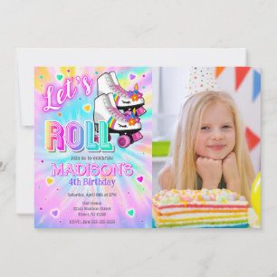 Roller Skating Unicorn Birthday Tie Dye Neon Photo Invitation