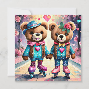 Roller skating Valentine teddy bears Holiday Card
