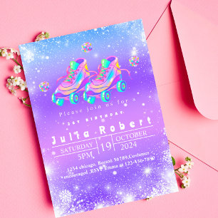 Roller Skating winter snow Birthday pink purple Invitation