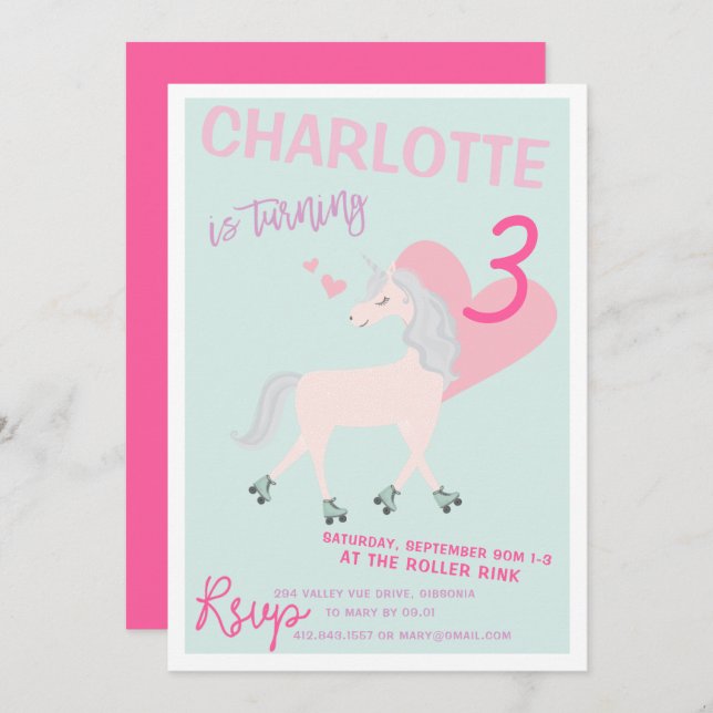 RollerScate Unicorn Invitation Anniversaire (Devant / Derrière)