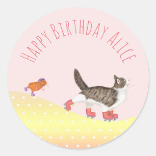 Rollerskating pets round stickers