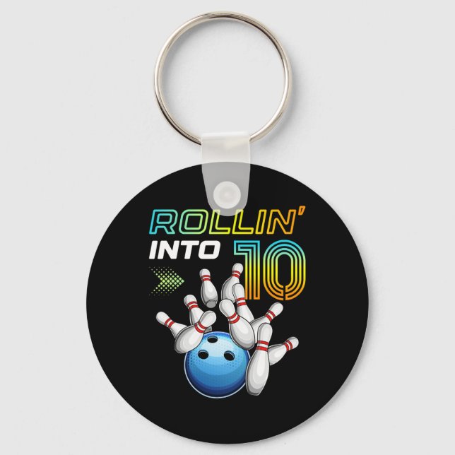 Rollin Into 10 Retro Bowling Birthday Party 10th B Keychain (Front)