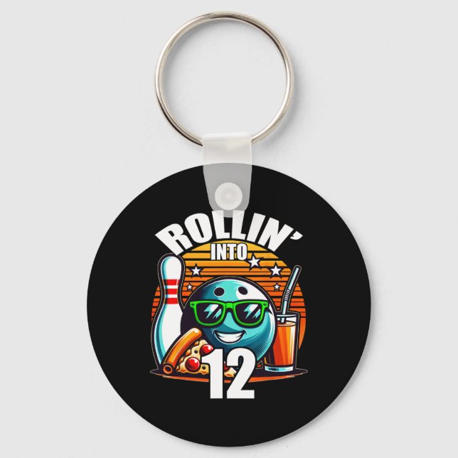 Rollin Into 12 Bowling Birthday Party 12th Birthda Keychain (Front)
