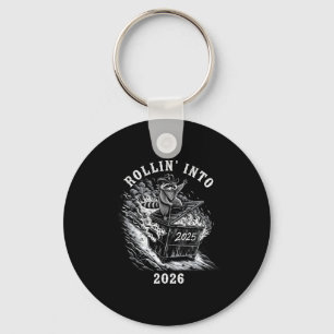 Rollin' Into 2026 Funny Cowboy Raccoon Happy New Y Keychain