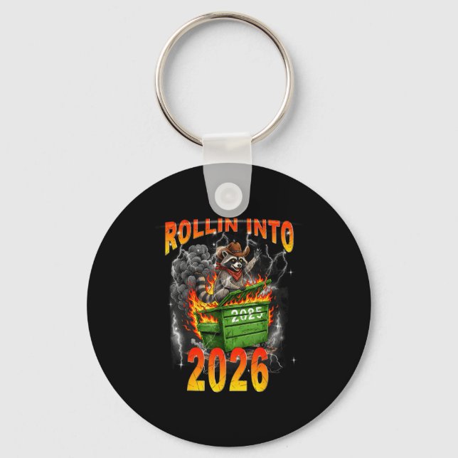 Rollin Into 2026 New Year 2026 Raccoon Cowboy Vint Keychain (Front)