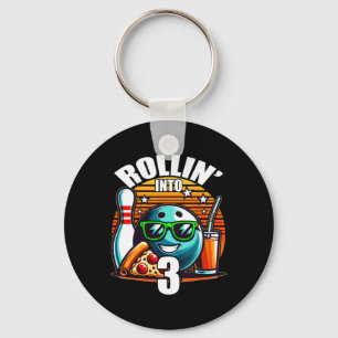 Rollin Into 3 Bowling Birthday Party 3rd Birthday Keychain