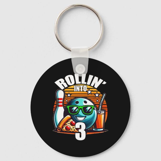Rollin Into 3 Bowling Birthday Party 3rd Birthday  Keychain (Front)
