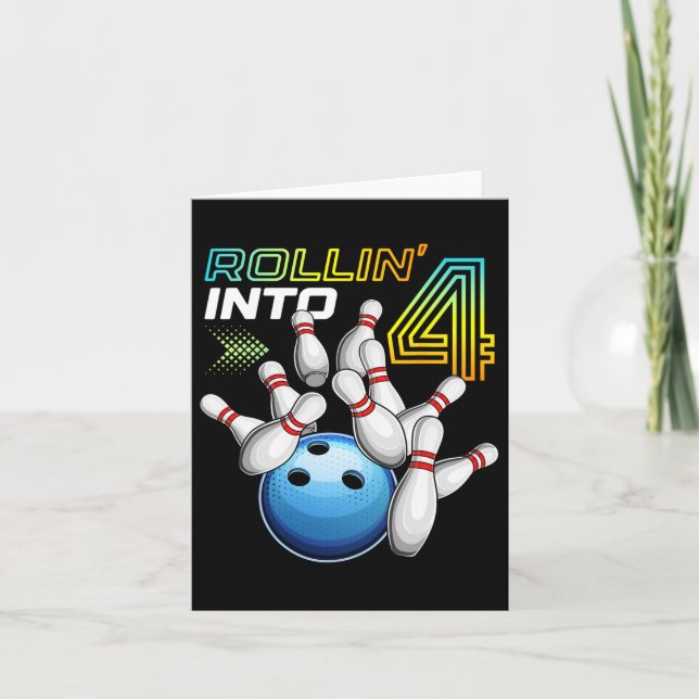 Rollin Into 4 Retro Bowling Birthday Party 4th Bir Card (Front)