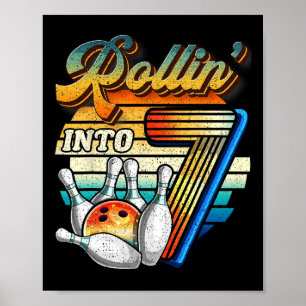 Rollin Into 7 Bowling Birthday Party 7th Birthday  Poster