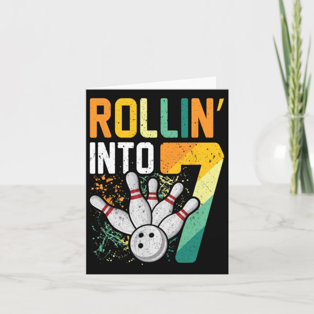 Rollin Into 7 Retro Bowling Birthday Party 7th Bir Card (Front)