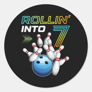 Rollin Into 7 Retro Bowling Birthday Party 7th Bir Classic Round Sticker